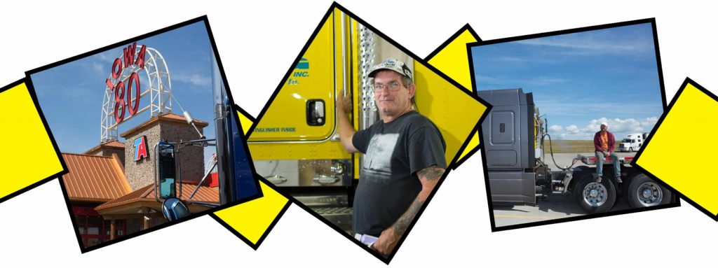 Left to right: Iowa 80, known as the ‘Disneyland of truck stops’; Jeff Baxter, 49, with his truck after having it washed; Douglas Berry, 55, with his truck and trailer. Composite: John Richard for the Guardian