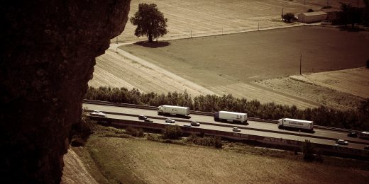 Trucks on Road in Mornas, France, French Lorrys