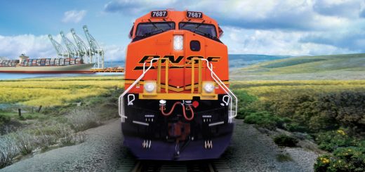 BNSF Railway Train and Ship with Intermodal Containers in background