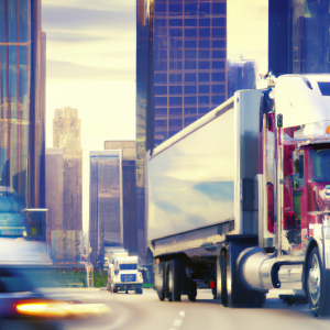 Semis and tankers on long highways criss crossing various times of day and seasons with other cars on two way six lane highway in massive city skyline skyscrapers, stunning modern urban upscale environment, ultra realistic, concept art, elegant, highly detailed, intricate, sharp focus, depth of field, f/1. 8, 85mm,(professionally color graded), ((bright soft diffused light)), volumetric fog, hdr 4k, 8k