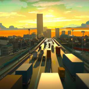 Semis on long highways criss crossing sunset with other cars on two way six lane highway in massive city skyline skyscrapers, anime oil painting, high resolution, ghibli inspired, 4k, ratio 16:9