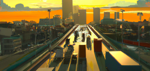 Semis on long highways criss crossing sunset with other cars on two way six lane highway in massive city skyline skyscrapers, anime oil painting, high resolution, ghibli inspired, 4k, ratio 16:9