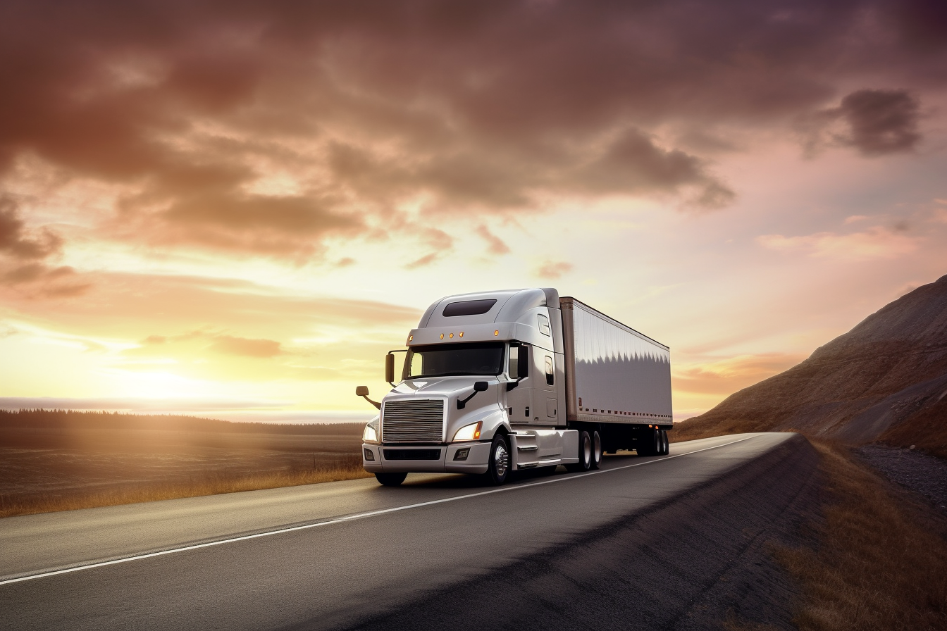 Truck with trailer on country road with trees in far distance