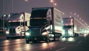 Multiple Trailers on road at night in fog with lights