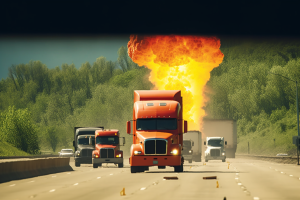 Soaring Nuclear Verdicts Trucking: A Growing Threat to the Industry in 2023 6 Trucks with explosion in background on highway, Soaring Nuclear Verdicts Trucking