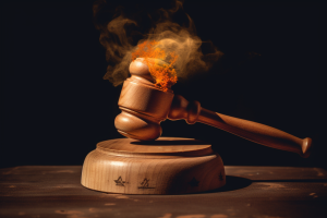 Illustration of a judge's gavel on fire, symbolizing the intense legal judgment in the trucking's nuclear verdicts