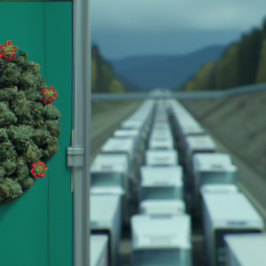 photo of Semis and with marijuana on back on highways mixed with other Semis and trailers