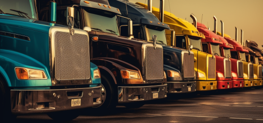 Shiny colorful fleet in lineup on damp lot