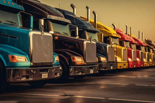 Shiny colorful fleet in lineup on damp lot