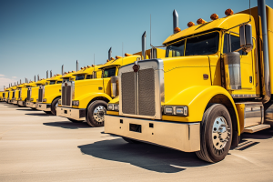 Yellow truck fleet lineup on sunny day