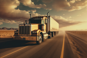 Truck on country road with sunset in background