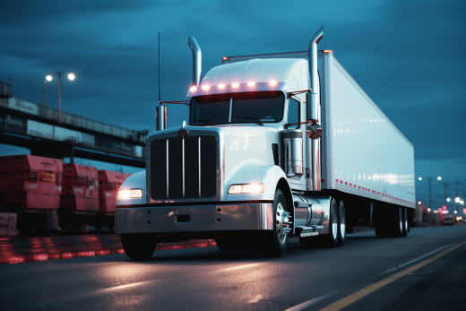 Truck with trailer on city road at dusk