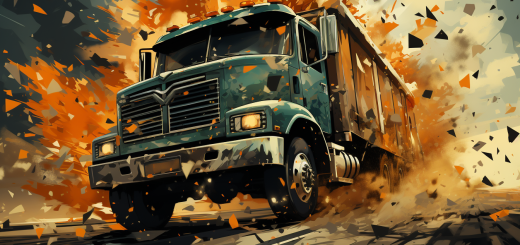 Artistic render of truck crashing through a force
