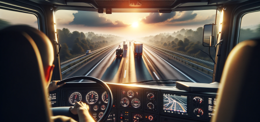 From the perspective of a heavy-duty truck driver looking out from the cab on a highway.