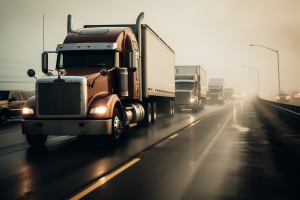 Various trucks driving on a highway in the rain