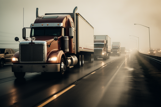 Various trucks driving on a highway in the rain