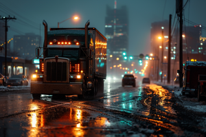 Truck in snowy winter city on road at night