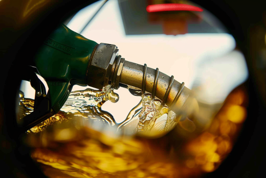 Fuel pump in gasoline looking through a hole in a tank
