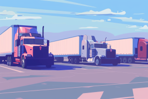 Artistic image of trucks parked in parking lot