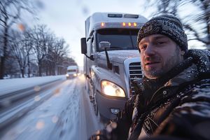 Truck drive taking pic next to rig on snowy road