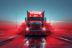 Red Truck bursting through red dirt and dust on road