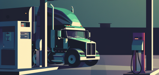 Green truck at gas station