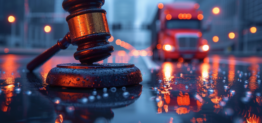 Judge gavel on wet road with truck in bokeh background