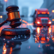 Judge gavel on wet road with truck in bokeh background