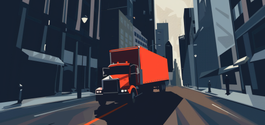 Artistic image of red truck with red trailer in city