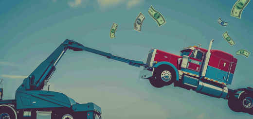 Semi Truck getting towed with cash falling out of sky