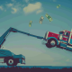 Semi Truck getting towed with cash falling out of sky