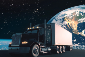 Render of big Rig in front of earth