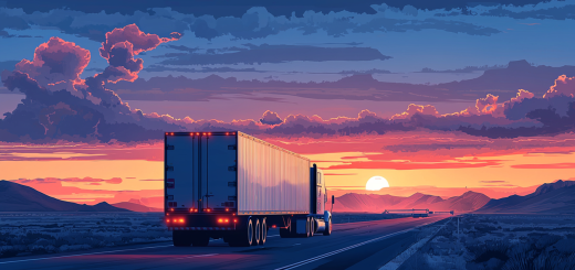 Artistic rendition of truck driving down road into the sun
