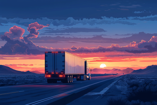 Artistic rendition of truck driving down road into the sun