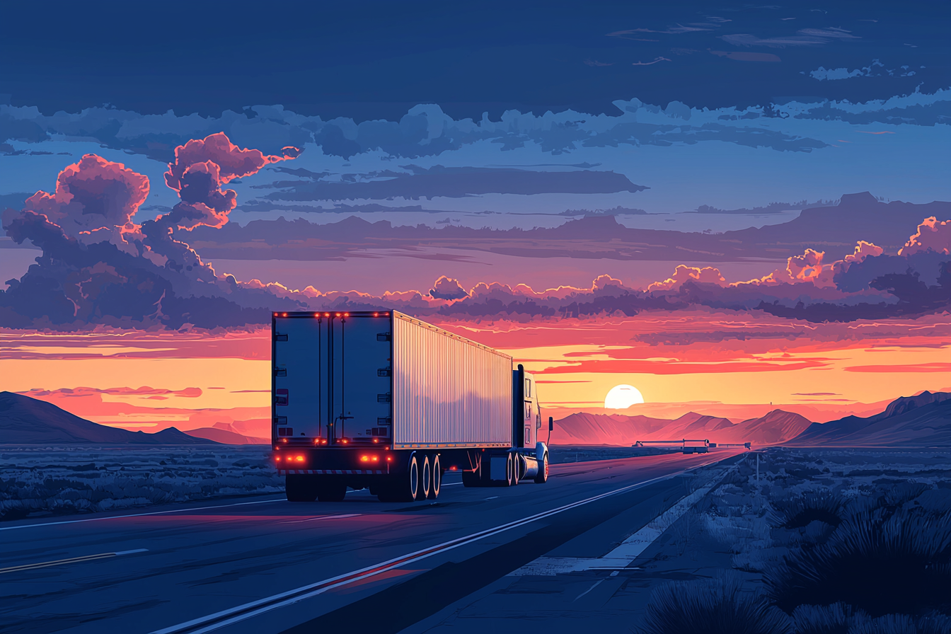 Artistic rendition of truck driving down road into the sun
