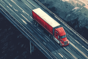 Artistic rendition of truck driving down road