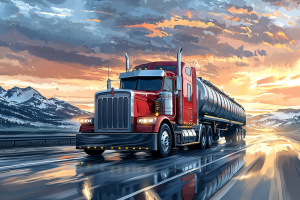 Artistic render of a Rig and tanker transporting on road