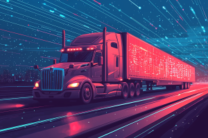 A red light cast truck with data points surrounding showing the possibilities of Trucking telematics connected vehicles, data analysis and transportation technology