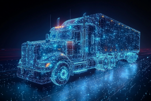 A truck made of blue bits and data points showing the possibilities of Trucking telematics connected vehicles, data analysis and transportation technology