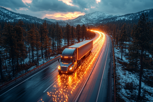 A truck with glowing amber data points on road showing the possibilities of Trucking telematics connected vehicles, data analysis and transportation technology