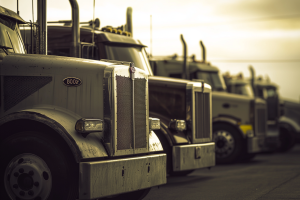 Render of truck fleet parked in yard