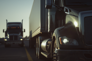 Close-up of a truck with another following close behind