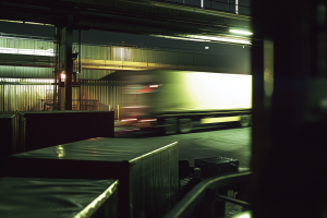 Blurred white trailer truck passing through an industrial factory setting at night, illuminated by greenish lighting.