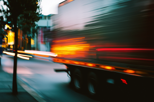 Blurred shot of a truck with glowing orange lights driving along a city street.