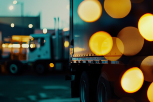 Trailer edge in sharp focus with large golden bokeh orbs, and a blurred white truck in the background.