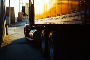 Side profile of a red tractor-trailer reflecting warm sunlight on a narrow urban street.