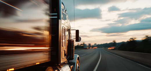 Low-angle shot of a semi-truck speeding at dusk, capturing the trailer in motion and a blurred highway background.