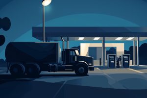 Nighttime scene of a dark tanker truck parked at a well-lit fuel station.