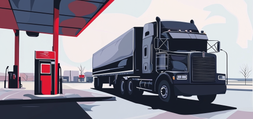 Black semi-truck at a red-roofed station, depicted in a clean, minimalist style.