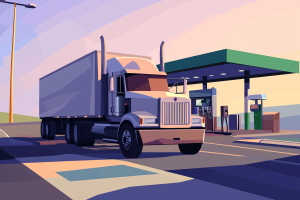 White box-truck at a gas station with a green canopy under soft pastel skies.